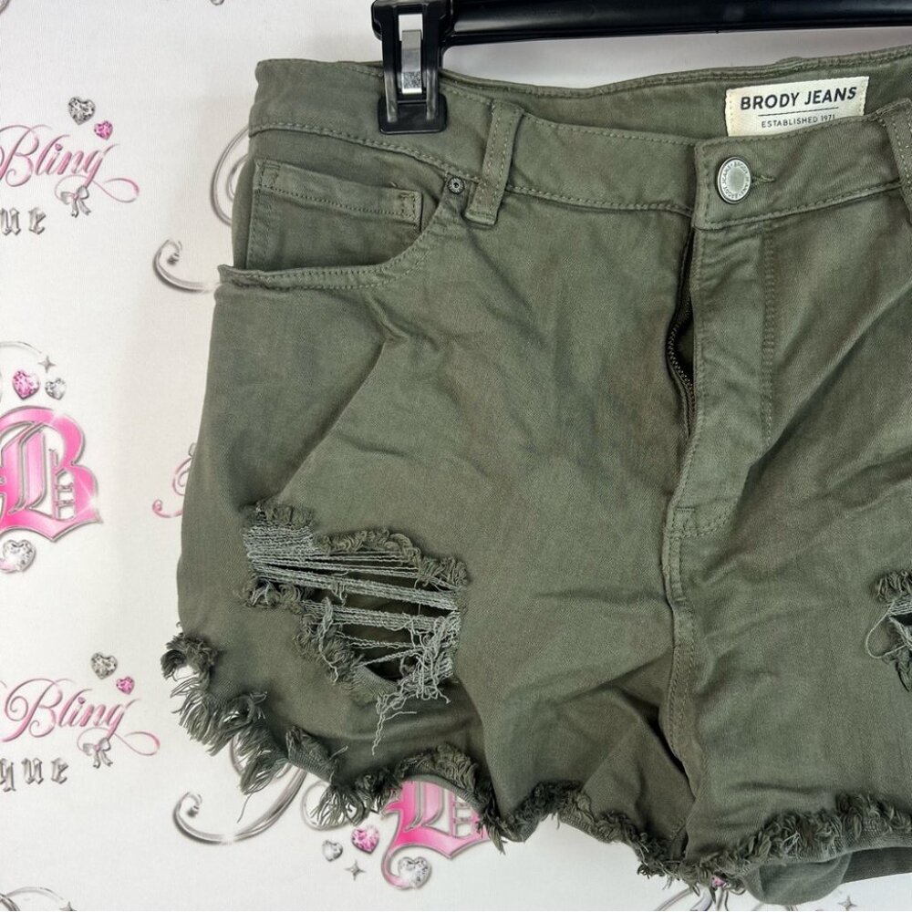 Brody Jeans shorts denim jeans green military cargo Olive Distressed Jean Shorts - Picture 3 of 10